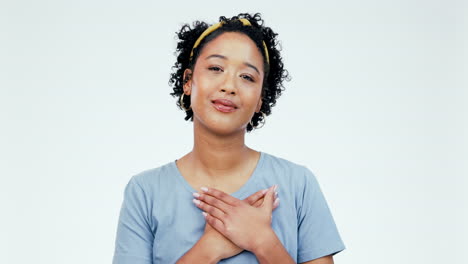 woman face, thank you and hand on chest in studio
