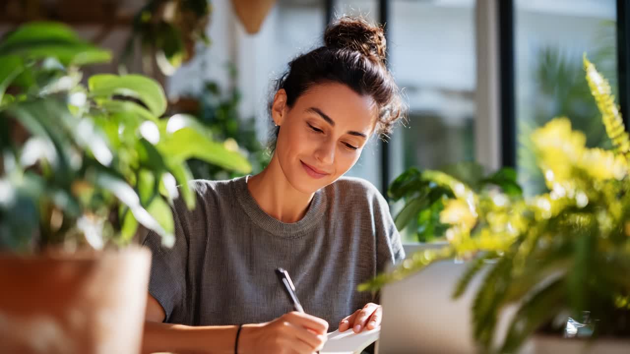 A Young Woman Engaging in Creative Writing Surrounded by Lush Greenery, Capturing the Joy of Inspiration and Focus Amidst Nature's Splendor in a Bright, Sunlit Environment Reflecting Her Passion