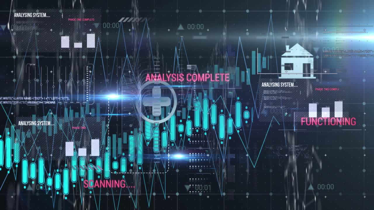 Animation of floating icons, multiple texts, lens flares and dots against abstract background