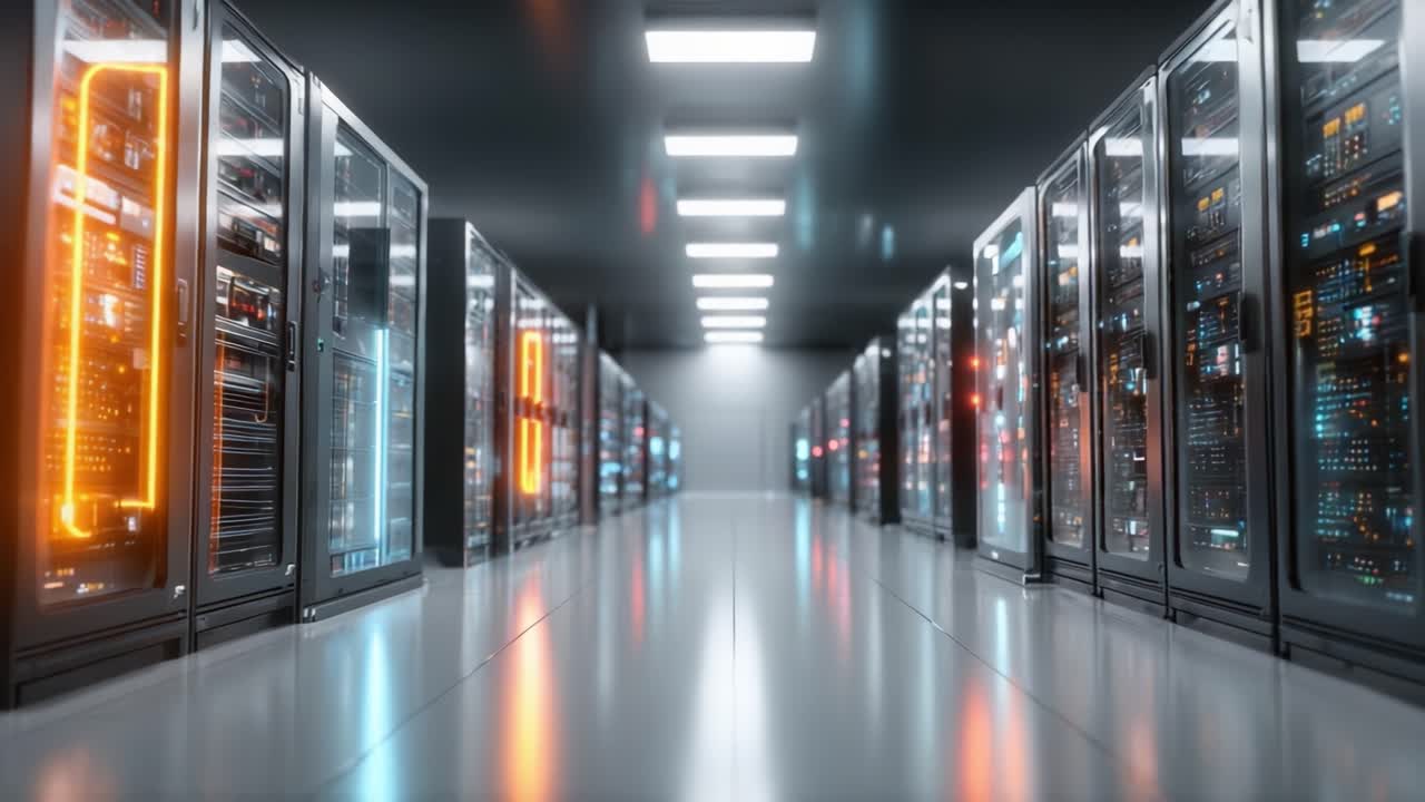 Et indblik i et højteknologisk datacenter, der viser rækker af avancerede servere med levende LED-belysning, og fremhæver essensen af moderne computerinfrastruktur.