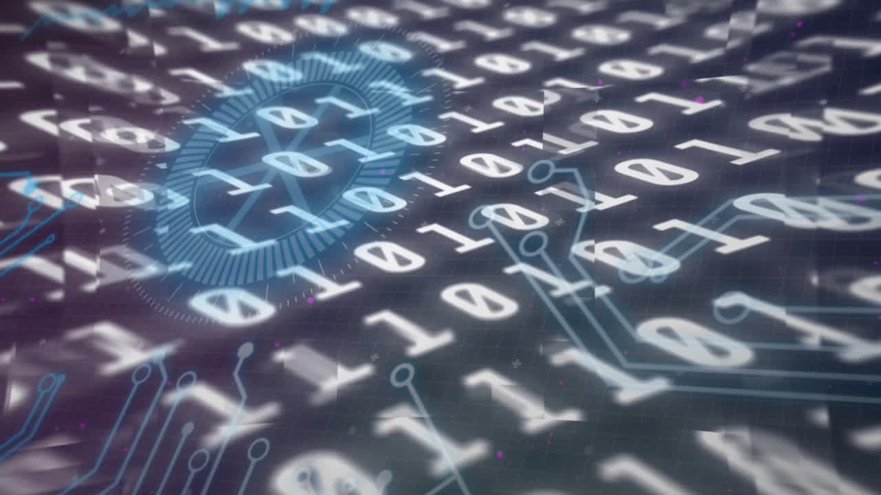 With clip starting code scrolling rotating hexagon forming fingerprint linking blue circuit lines
