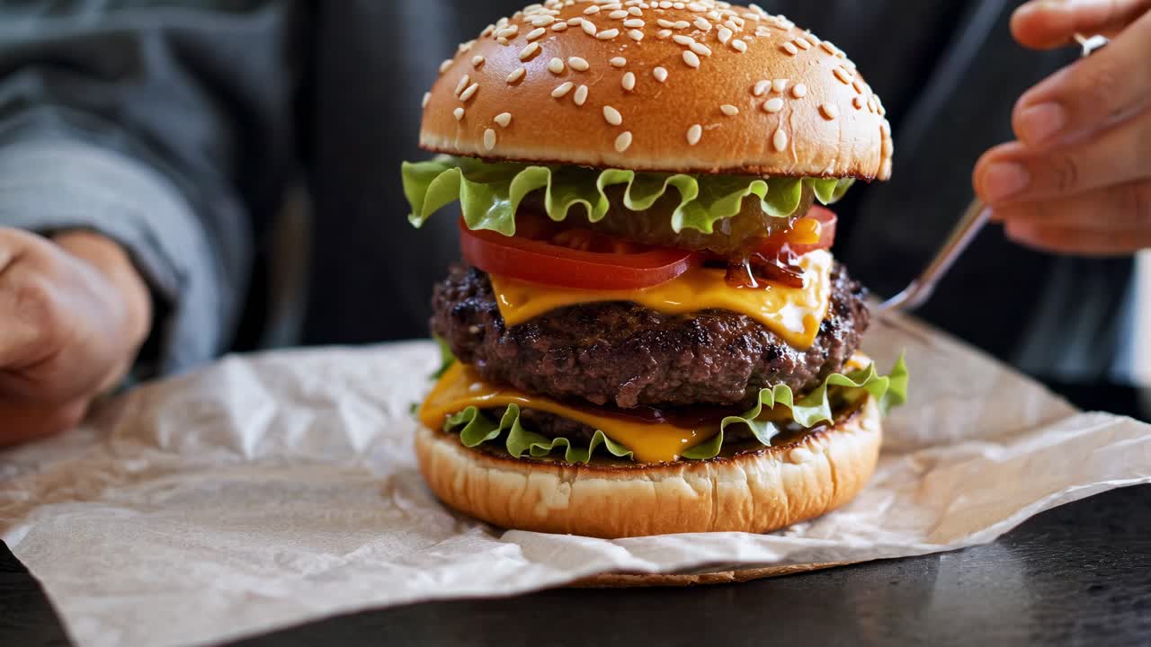 Close up of a large, juicy double cheeseburger being prepared for eating, featuring fresh lettuce, tomato slices, pickles, melted cheese, and a sesame seed bun on a piece of parchment paper