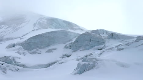 Saas-Fee-Saastal-Skigebiet-Gletscher-Spalte-Blau-Gefrorenes-Eis-Gletscher-Geröllfelder-Berggipfel-Plattjen-Zermatt-Mittaghorn-Langfluh-Alphubel-Dom-Taschorn-Adelhorn-Graue-Wolken-Kalter-Nachmittag-Schwenk