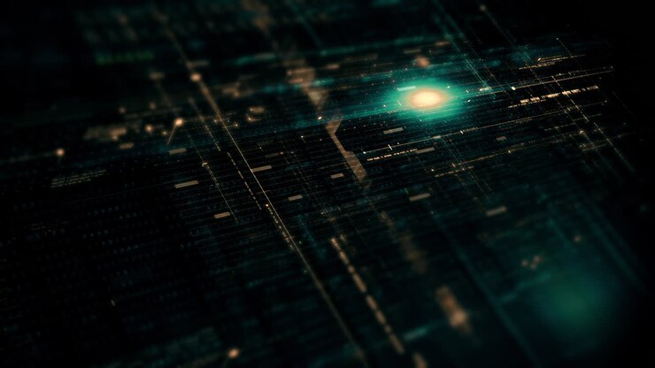 UI avanzata di simulazione di matrice di dati con un ambiente digitale all'avanguardia, con un display dinamico e coinvolgente di sistemi di reti di informazioni a matrice di dati interconnesse come sfondo