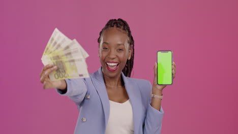 black woman, money and phone with green screen