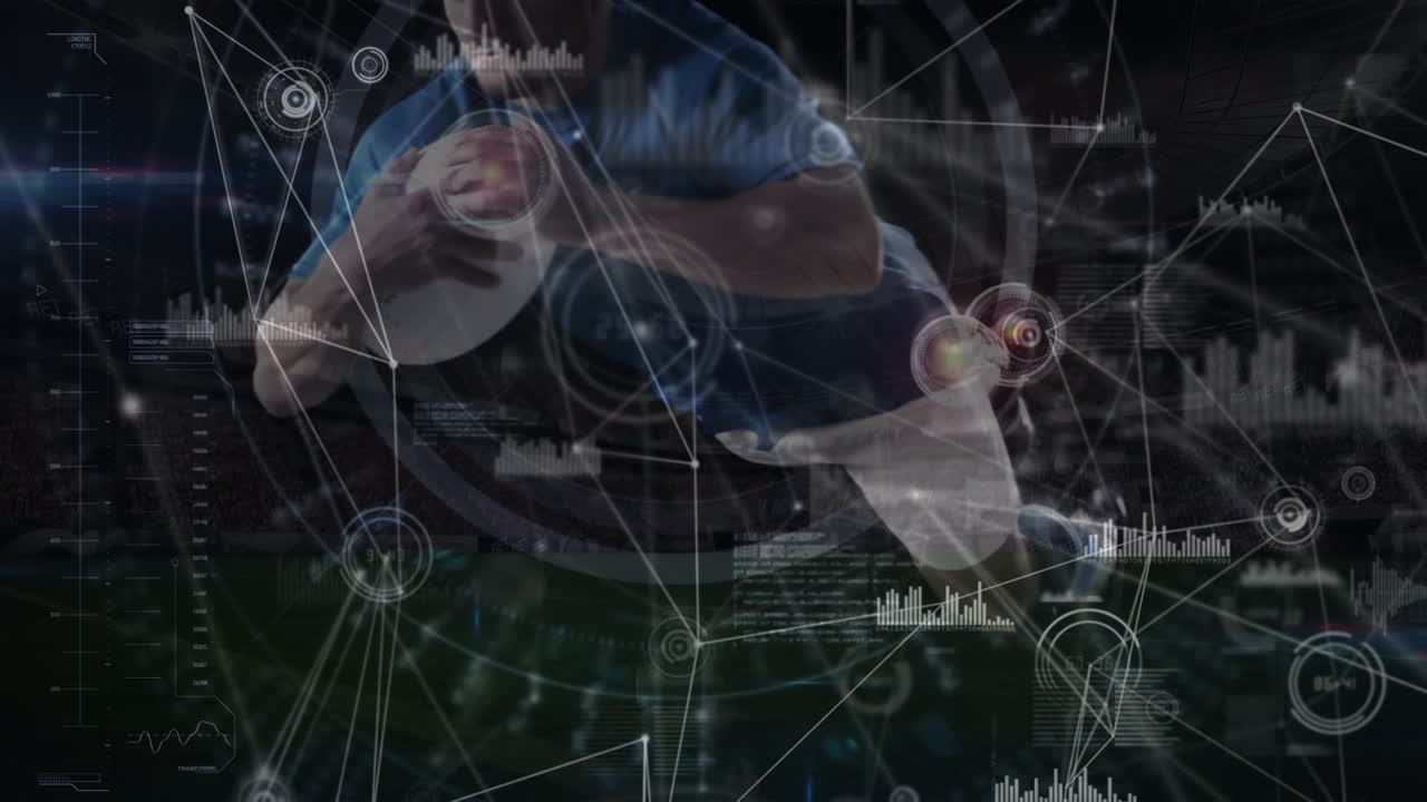 Animation of diverse data over caucasian male rugby player