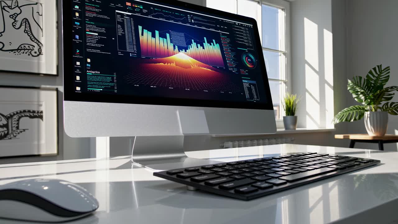 Side-angle view of a modern desktop with data analytics on screen, highlighting a sleek, minimalist