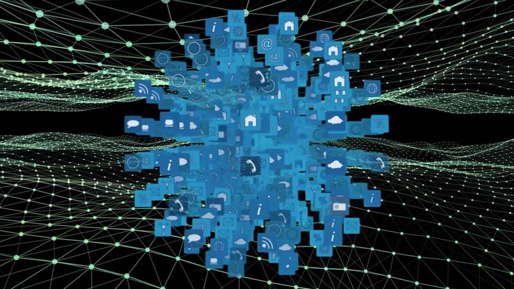 Globe of digital icons against digital waves