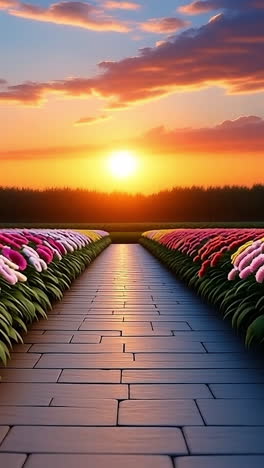sunset blooms in garden. rows of vibrant flowers line a stone path as the sun sets, casting a warm glow over the blooming garden landscape.