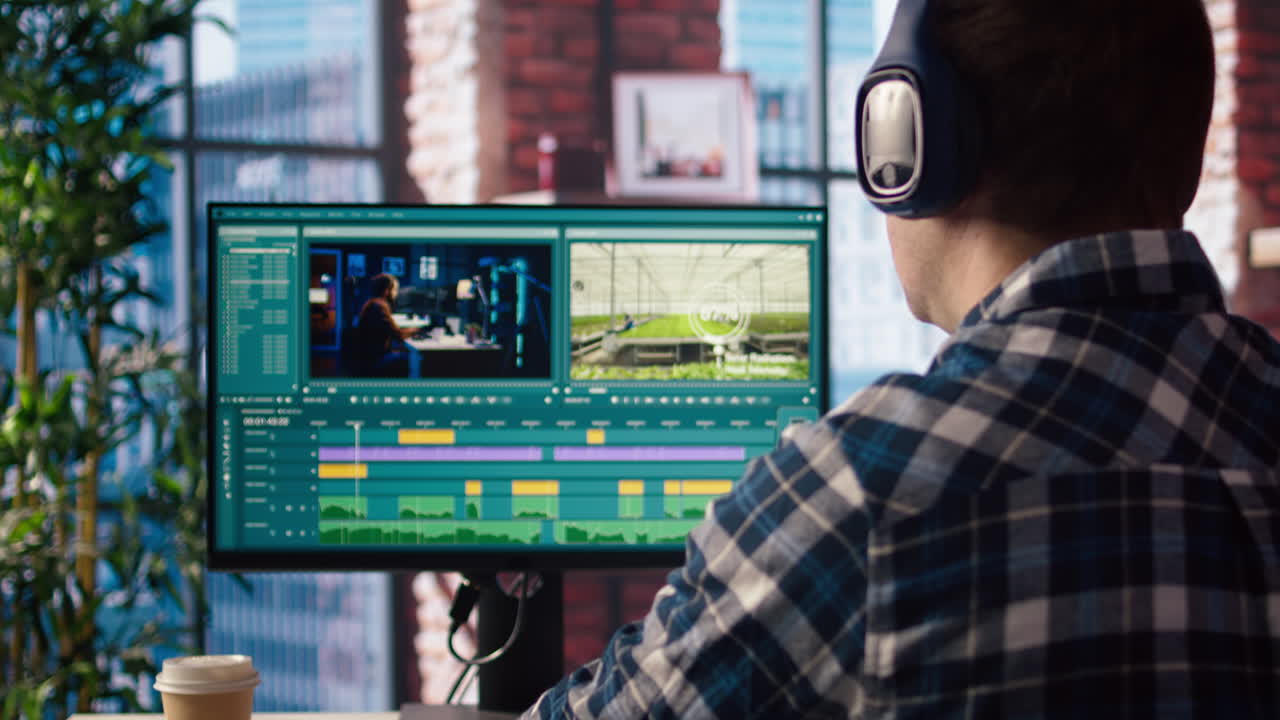 editor de video con auriculares para pulir imágenes en bruto y mejorar la calidad de audio