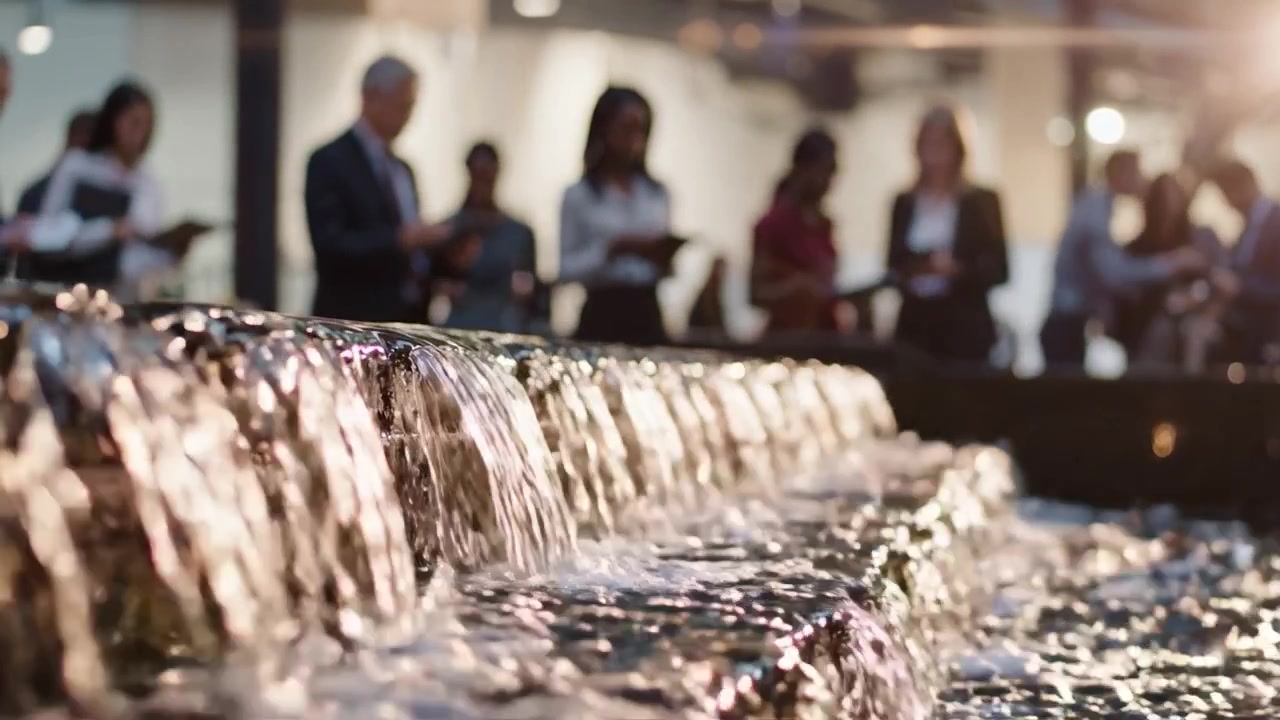 A Tranquil Water Feature with Professionals Engaged in Conversation at a Modern Indoor Venue, Reflecting Focus and Collaboration Under Soft Lighting