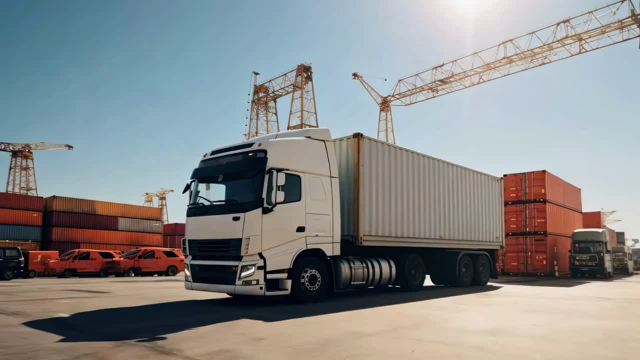 A low-angle video shot of a white cargo truck in an industrial port, surrounded by stacked
