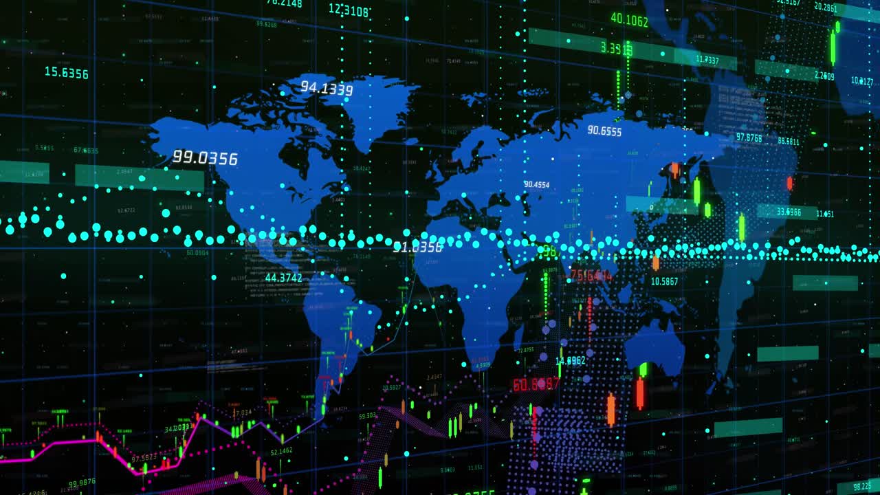 Animation of financial data processing over world map