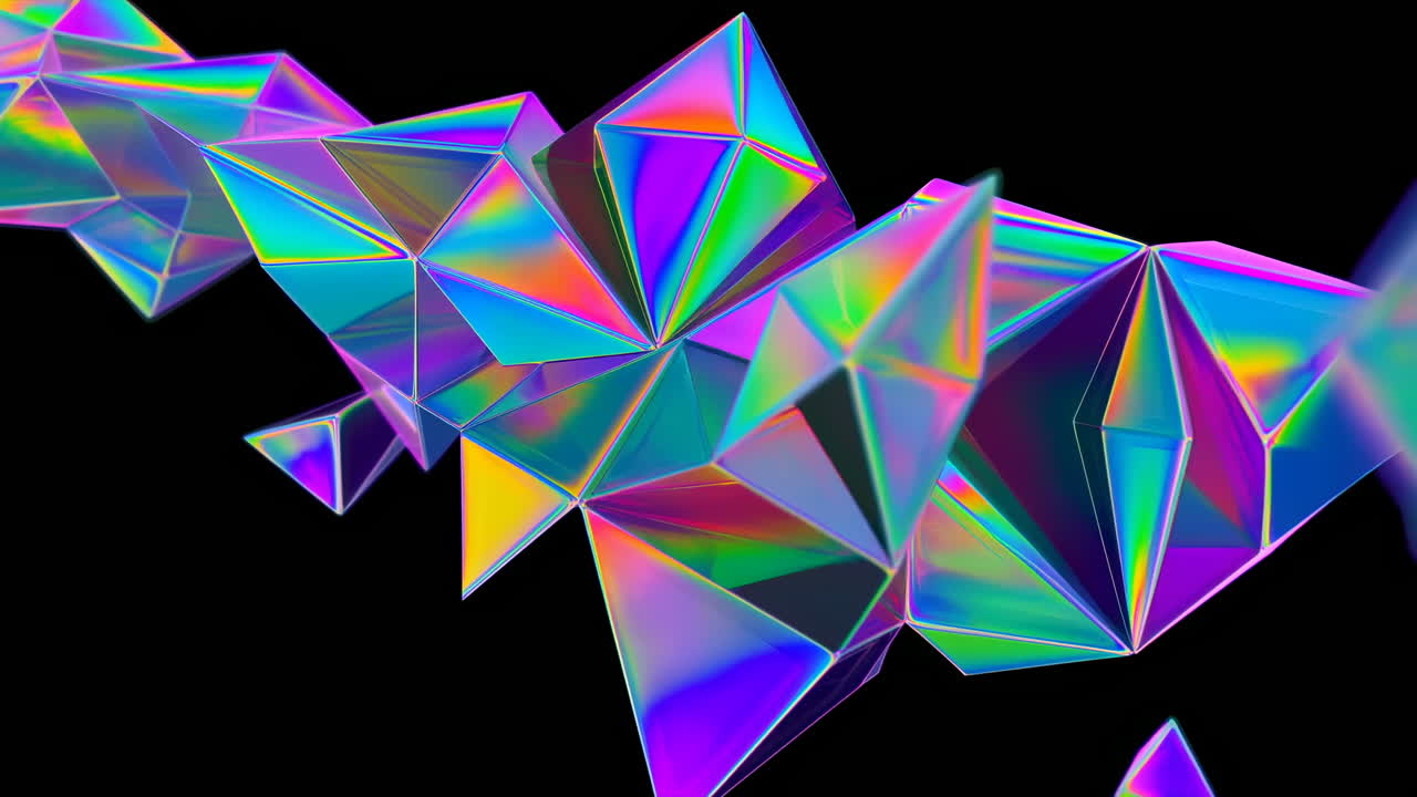 Forme geometriche astratte iridescenti in movimento su sfondo nero