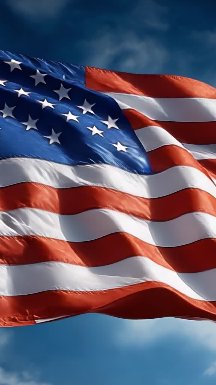 Immagini Accattivanti di una Bandiera Americana che Sventola Contro un Cielo Vibrante, Simbolo di Orgoglio Nazionale e Unità in una Splendida Ambientazione Esterna