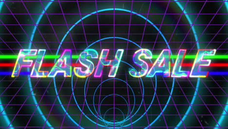 animación de venta instantánea y círculos de neón en el espacio digital negro