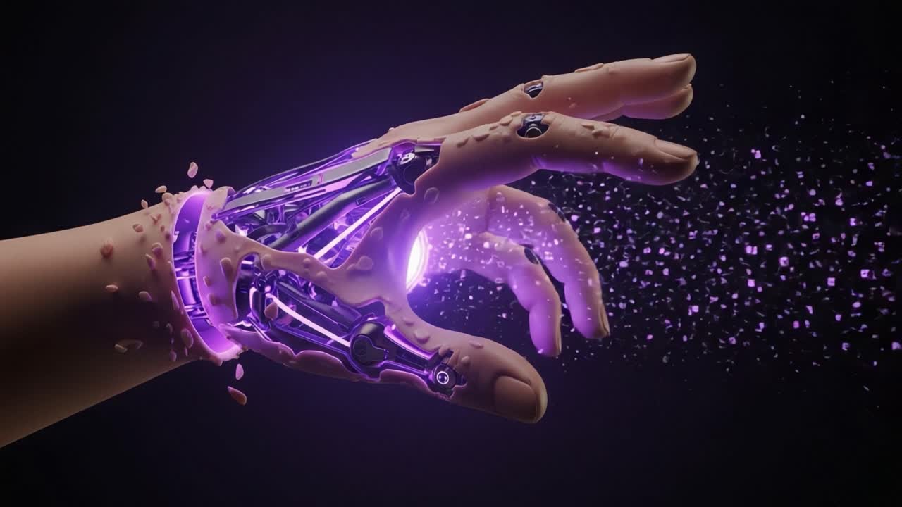A Glimpse Into the Future: A Futuristic Robotic Hand Releasing Particles of Light and Energy, Symbolizing Technological Advancements in Robotics and AI