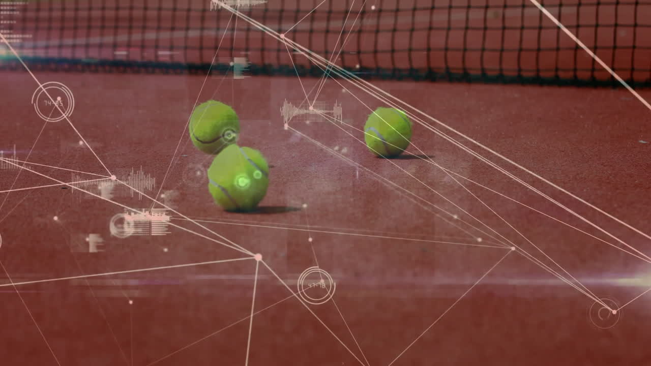 Three tennis balls lying on clay court featuring digital graph overlays in flat design