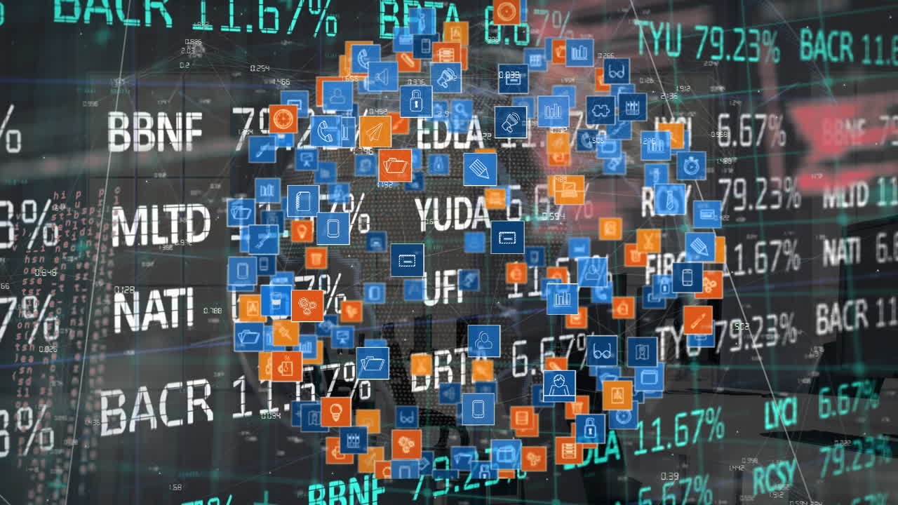 Animazione dell'elaborazione di dati finanziari su un globo con icone