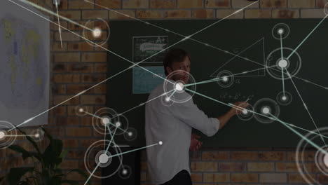 writing equations on chalkboard, teacher in school with network connections animation