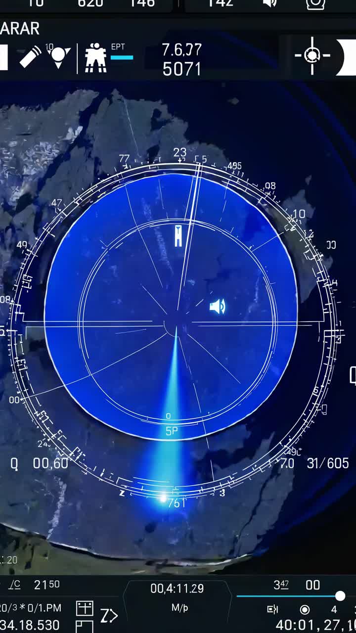 Aerial view of a radar screen interface with a futuristic design, showcasing a blue circular scan