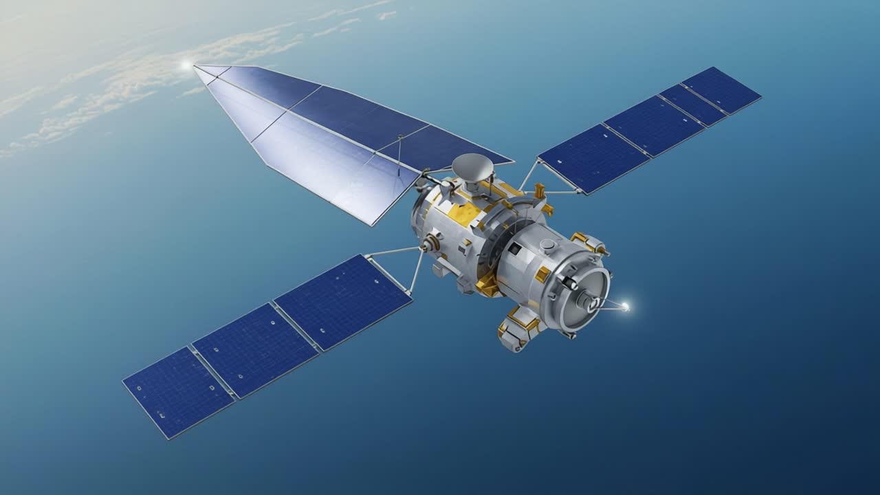 A Detailed View of a Modern Satellite Equipped with Solar Panels Orbiting Earth, Showcasing Advanced Technology and Space Exploration Capabilities