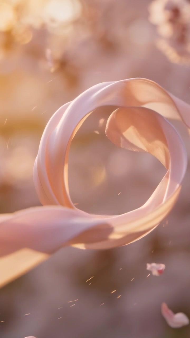 Video verticale: Nastro di raso rosa che si attorciglia tra i fiori, la brezza lo scioglie in un anello, petali che fluttuano