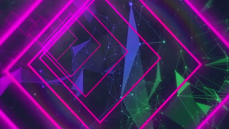 Animation-of-pink-neon-geometrical-shapes-over-network-of-connections