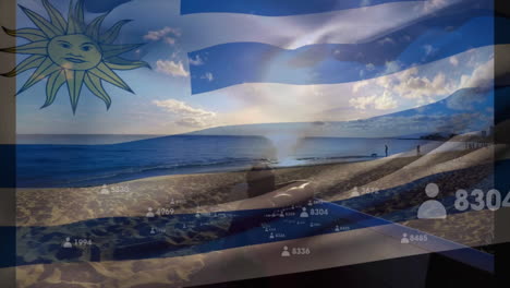 uruguay flag with animation of social media statistics on beach with people relaxing