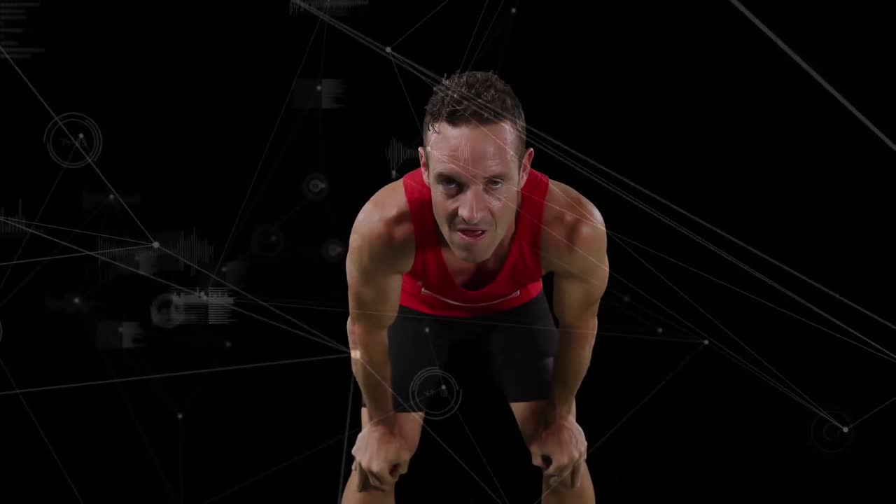 animación de una red de conexiones sobre un atleta cansado sobre un fondo negro