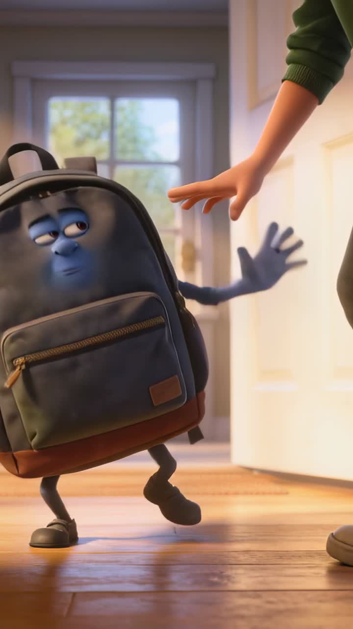 Vertical video: Opening door kid in green top, jeans backpack stepping into entry greeting kid