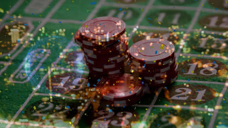 animation of spots of light and colorful confetti over stack of casino poker chips on a table