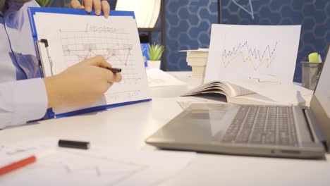 los hombres de negocios están analizando gráficos y discutiendo en una reunión en línea.