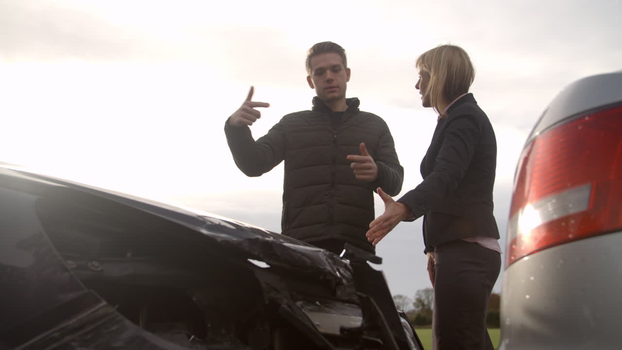 두 명의 운전자가 사고 후 자동차의 손상에 대해 논쟁하고 있습니다.