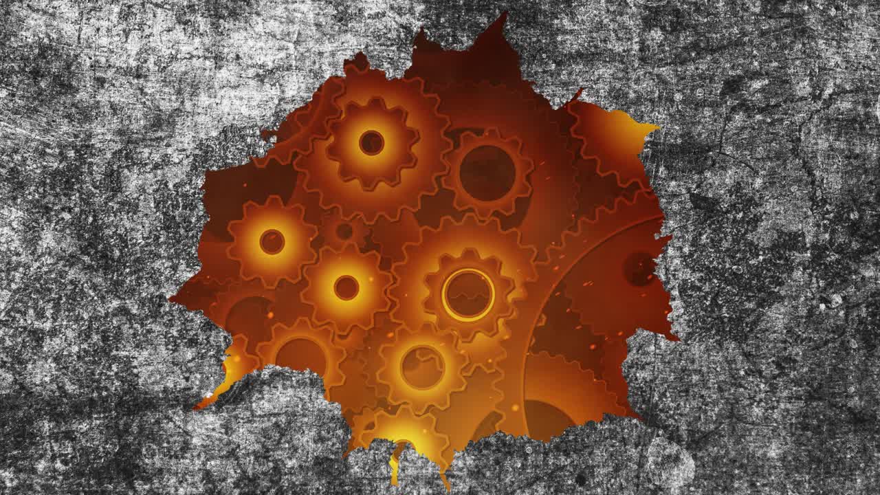 Sfondo con placca di metallo grunge usurata con foro frastagliato che rivela ingranaggi infuocati rotanti all'interno, calore estremo, produzione industriale o processo di lavorazione interno