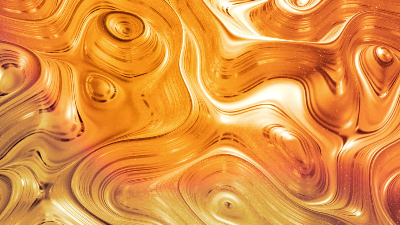 fondo abstracto en bucle con patrón líquido dorado brillante y ondulado en una superficie brillante y brillante. fluido amarillo viscoso como la superficie de papel dorado o vidrio brillante. hermoso telón de fondo festivo creativo.