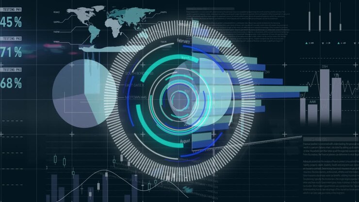 Animation of round scanner and statistical data processing against black background