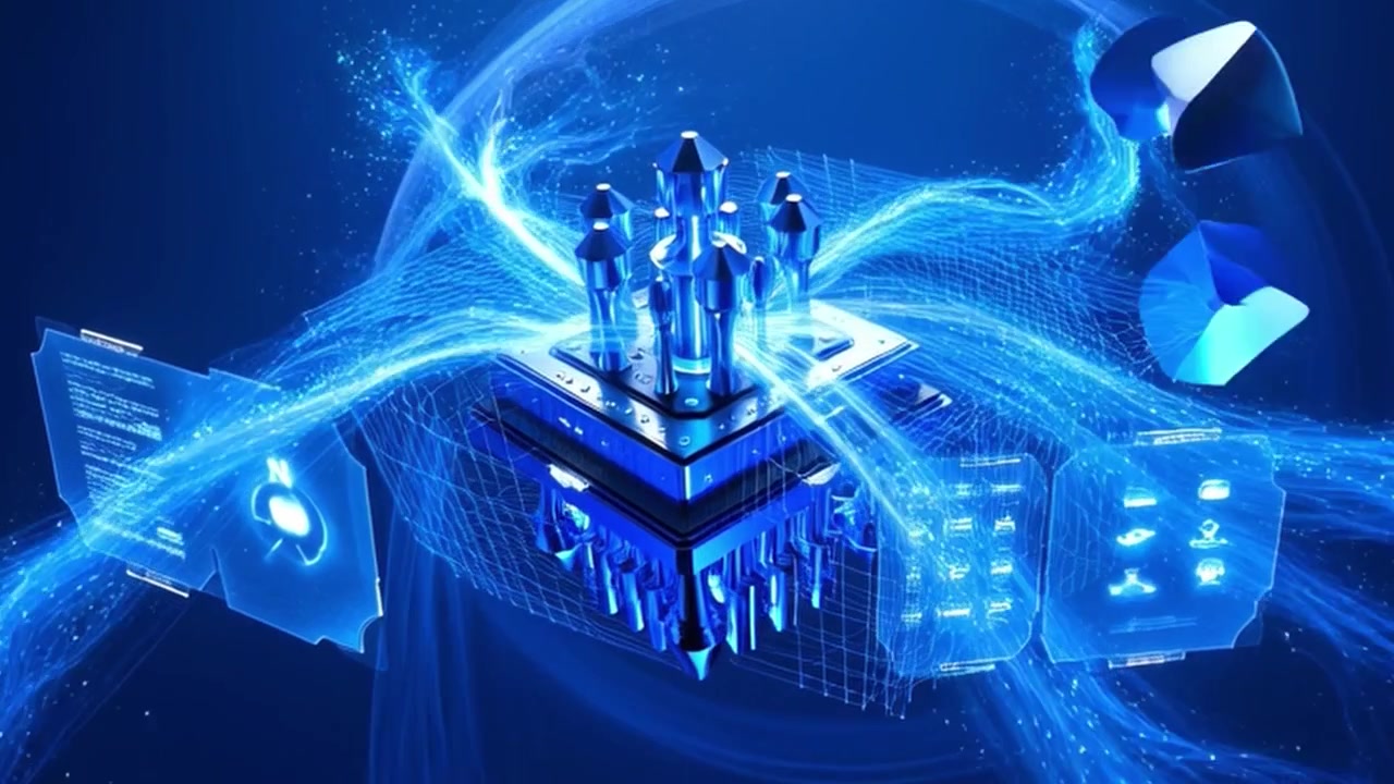 Futuristic Digital Processor Chip Emitting Data Streams and Holographic Interfaces