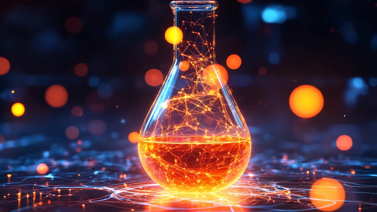 A glass vase with a glowing liquid inside. The liquid is orange and the vase is clear. The image has a futuristic and mysterious vibe