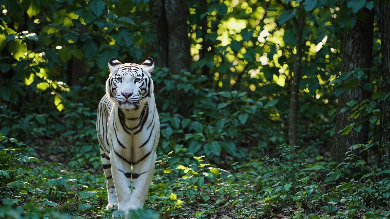 A majestic white tiger strides through a lush forest, captured at eye level