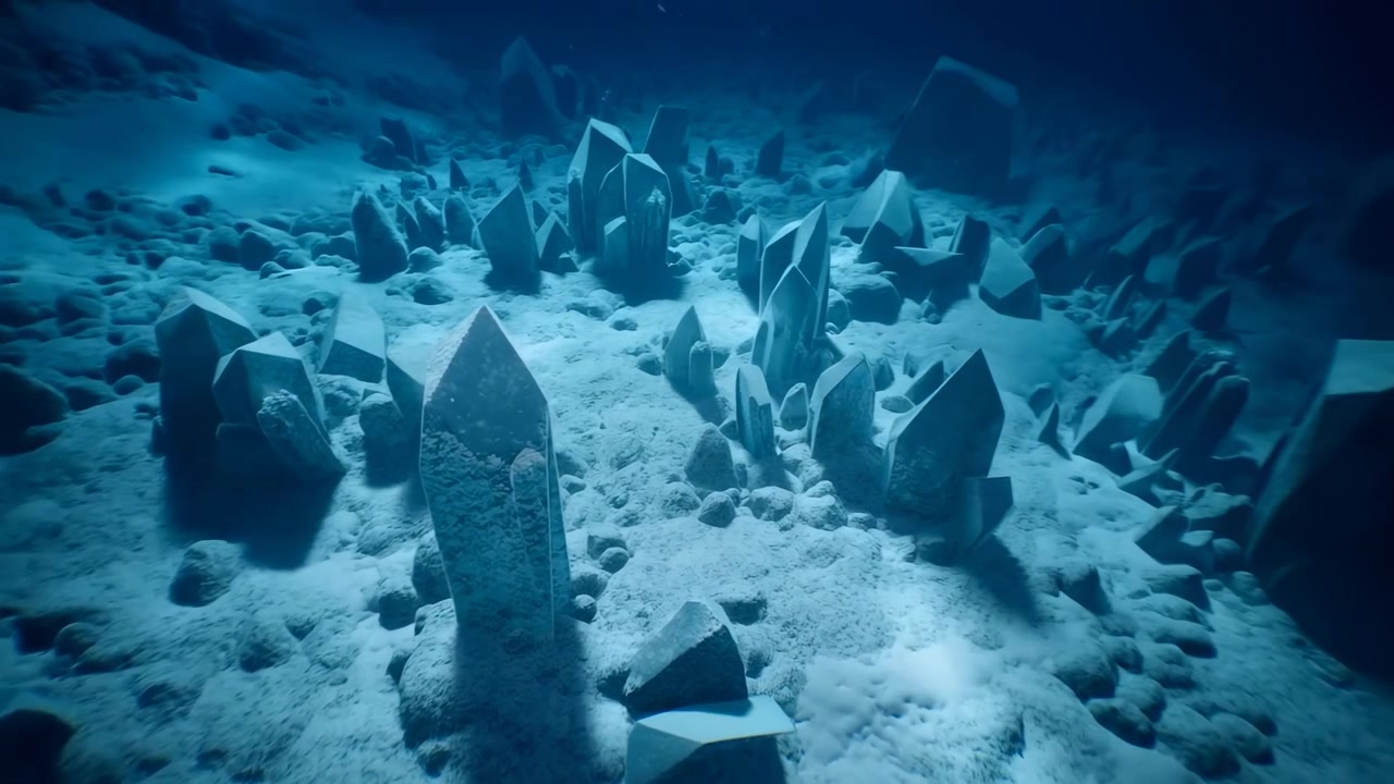 Unterwasser-Meeresboden mit facettierten Kristallsäulen, gruppierten Türmen, felsigen Steinen, grobem Sand, kühlem blaugrünem Licht, subtiler Tiefe, texturierten Oberflächen, ruhiger Meereslandschaft, panoramischer Naturkulisse.
