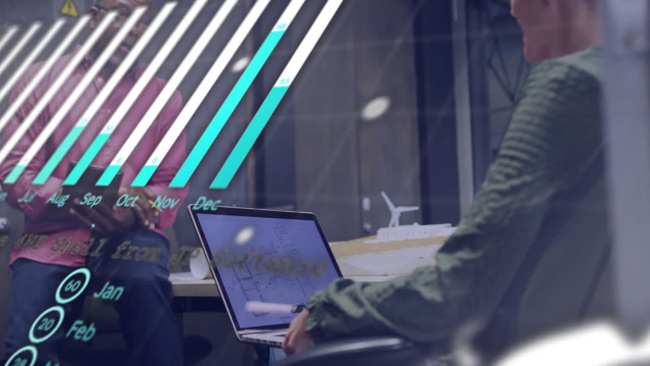 Animation of data processing and diagrams over diverse colleagues discussing work