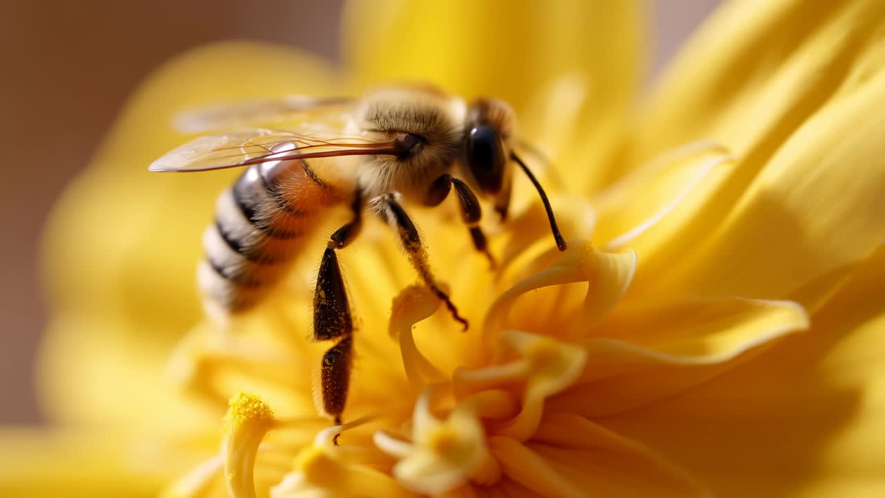 Nahaufnahme Honigbiene auf gelber Blume, kinoreife Makroaufnahme einer Arbeitsbiene beim Nektarsammeln und Pollenaufnehmen