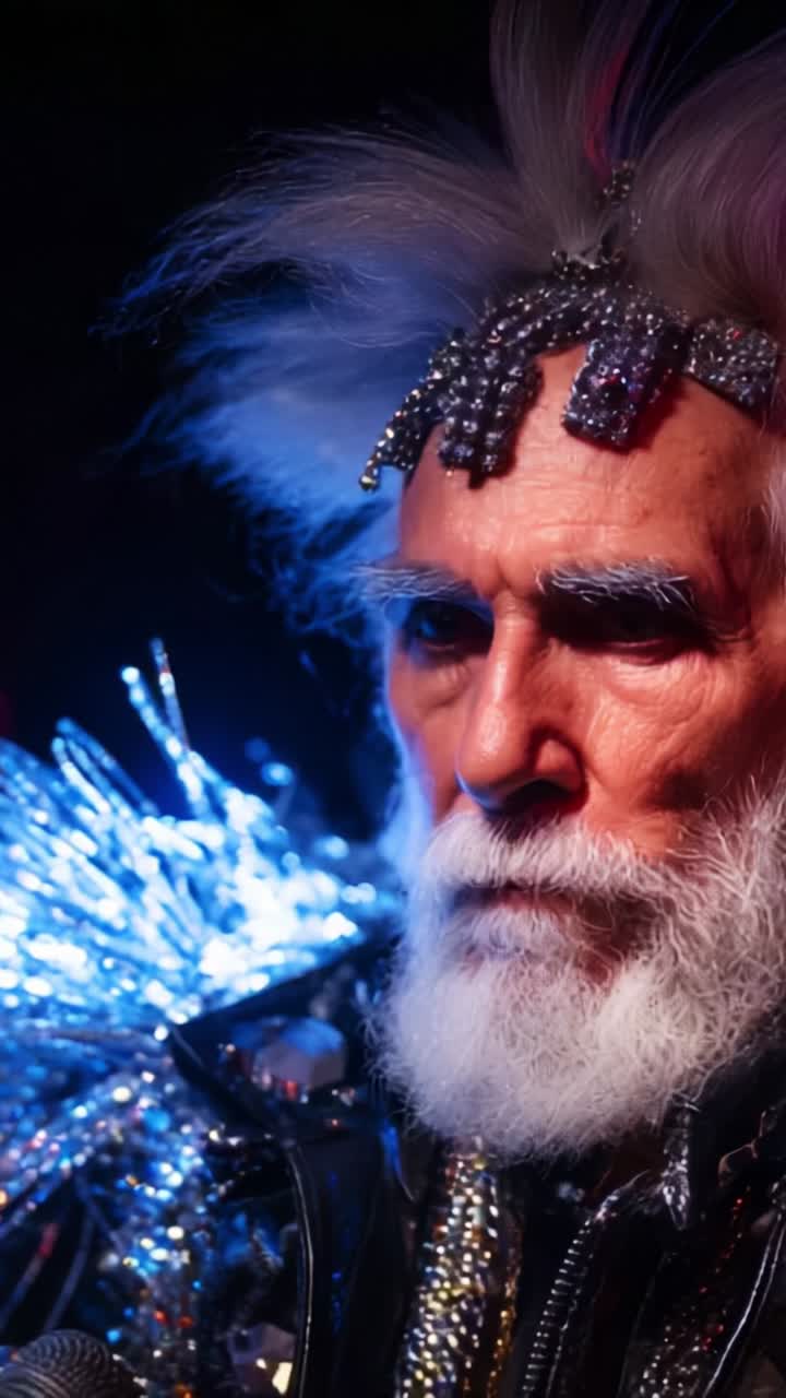 An Enchanting Portrait of a Silver-Haired Wizard with an Extraordinary Sparkling Headpiece, Surrounded by Glimmering Lights and a Captivating Gaze