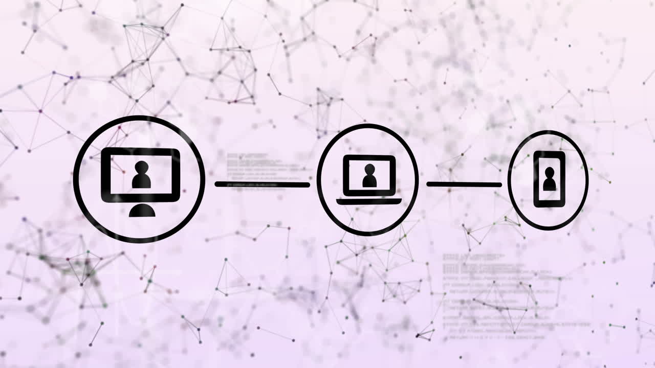 animación de iconos de medios de comunicación digital conectados y procesamiento de datos en lila
