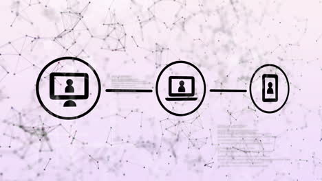 animación de iconos de medios de comunicación digital conectados y procesamiento de datos en lila