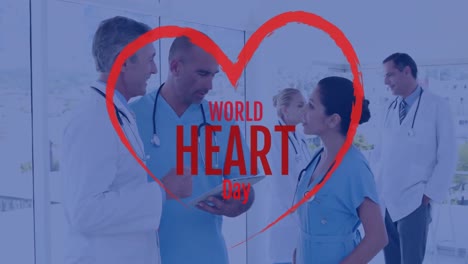 Animation-of-world-heart-day-text-over-diverse-doctors-talking