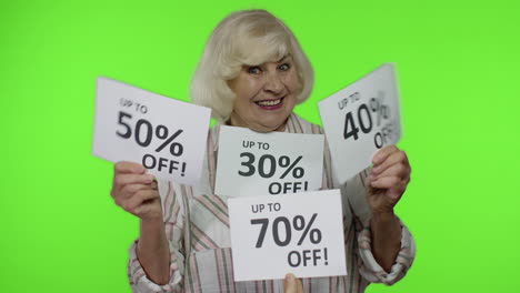 Grandma-showing-sale-percent-discounts-advertisement-inscriptions-banners.-Black-Friday-concept