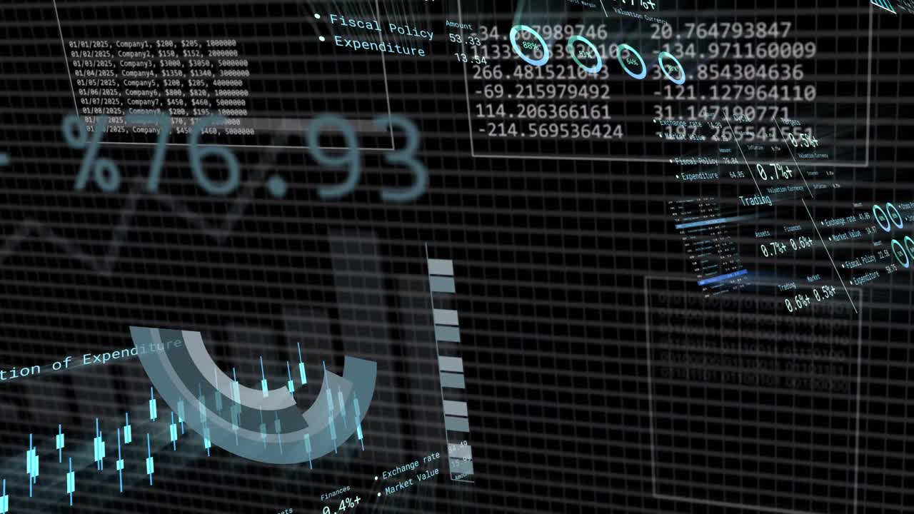 Animation of financial data processing over dark background