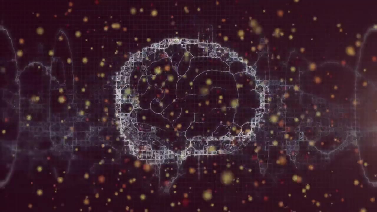 Orbiting particle entering right, seeding wire loop and depositing gold ribbon for tech network